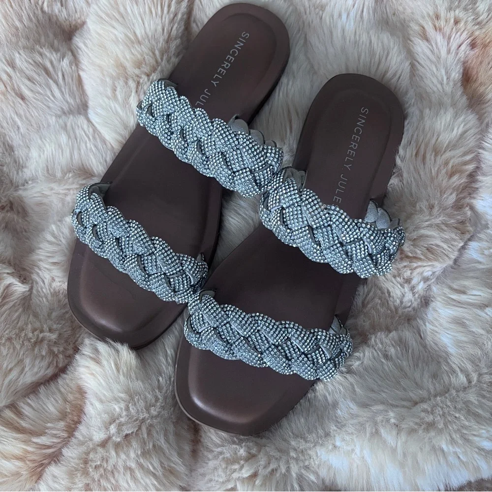 Sincerely Jules Braided Sandals - Sparkly silver rhinestone and Brown
